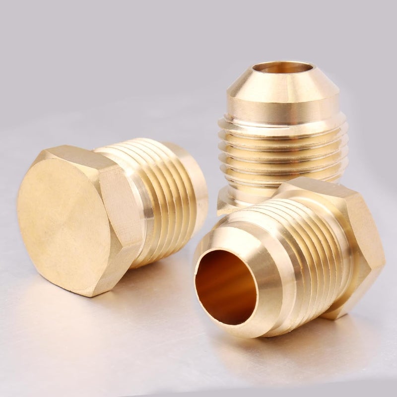 TOPGO 3 Pack Brass Flared Plug 1/4 Inch Tube OD Flare Tube Fitting SAE 45 Degree Hex Pipe Plug Seal Plug - Image 2